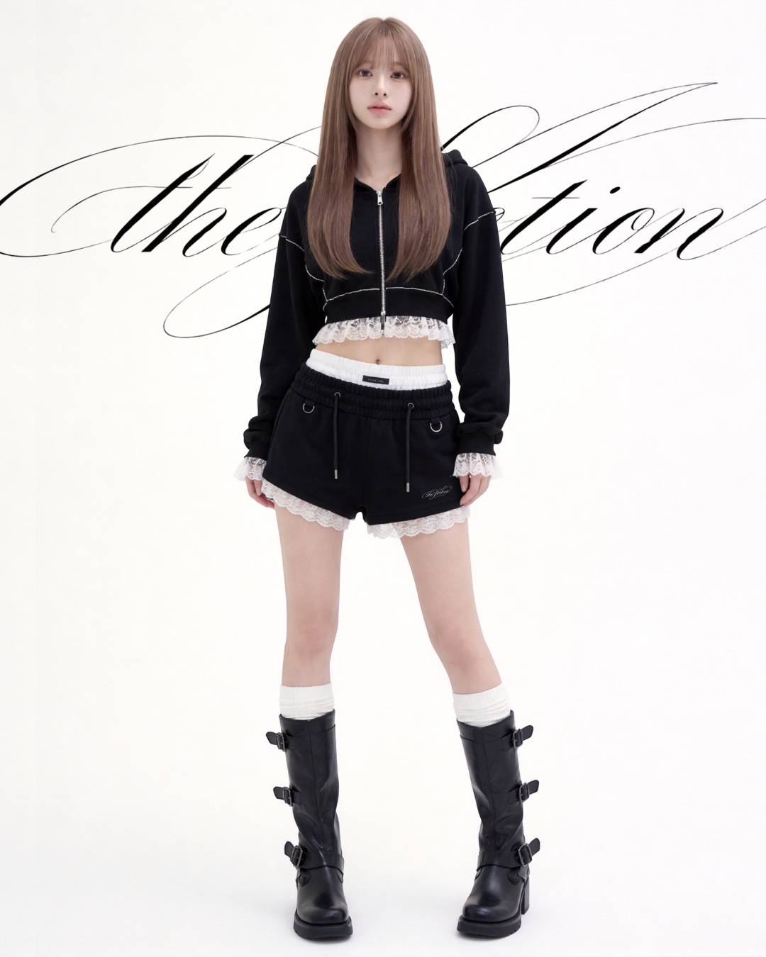 Lace Hem Zip Long Hoodie